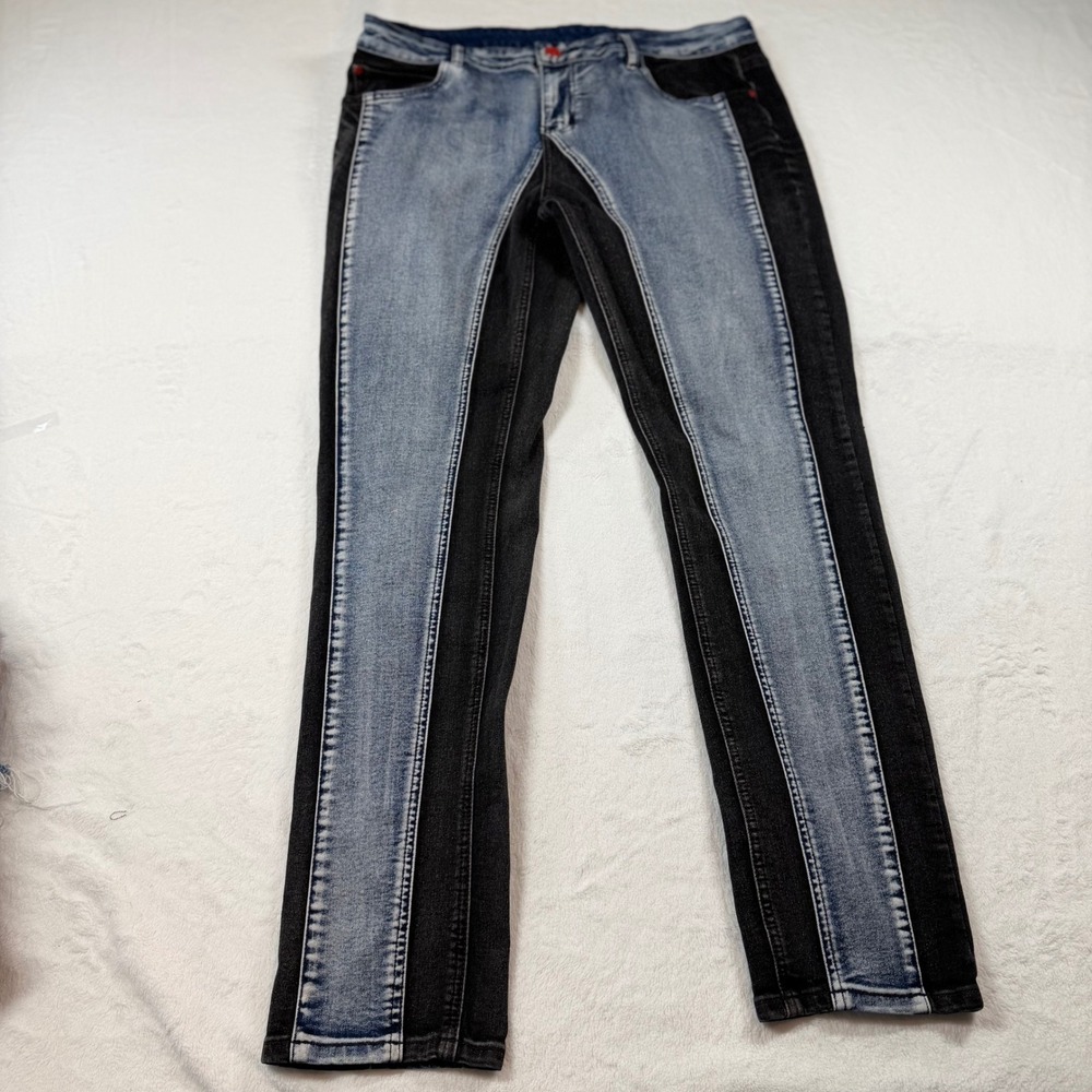 JEANS Two Tone Paneled Slim Jeans Mens 38 Blue‎ Black Good Colorblock Red Button
